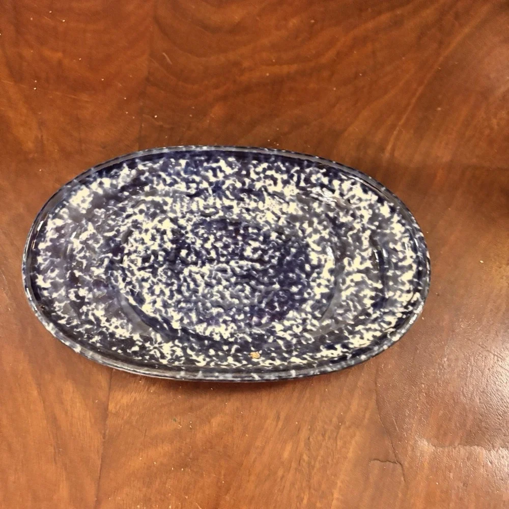 Blue Spongeware Heart Gravy Boat & Underplate Set Pottery Country Farmhouse